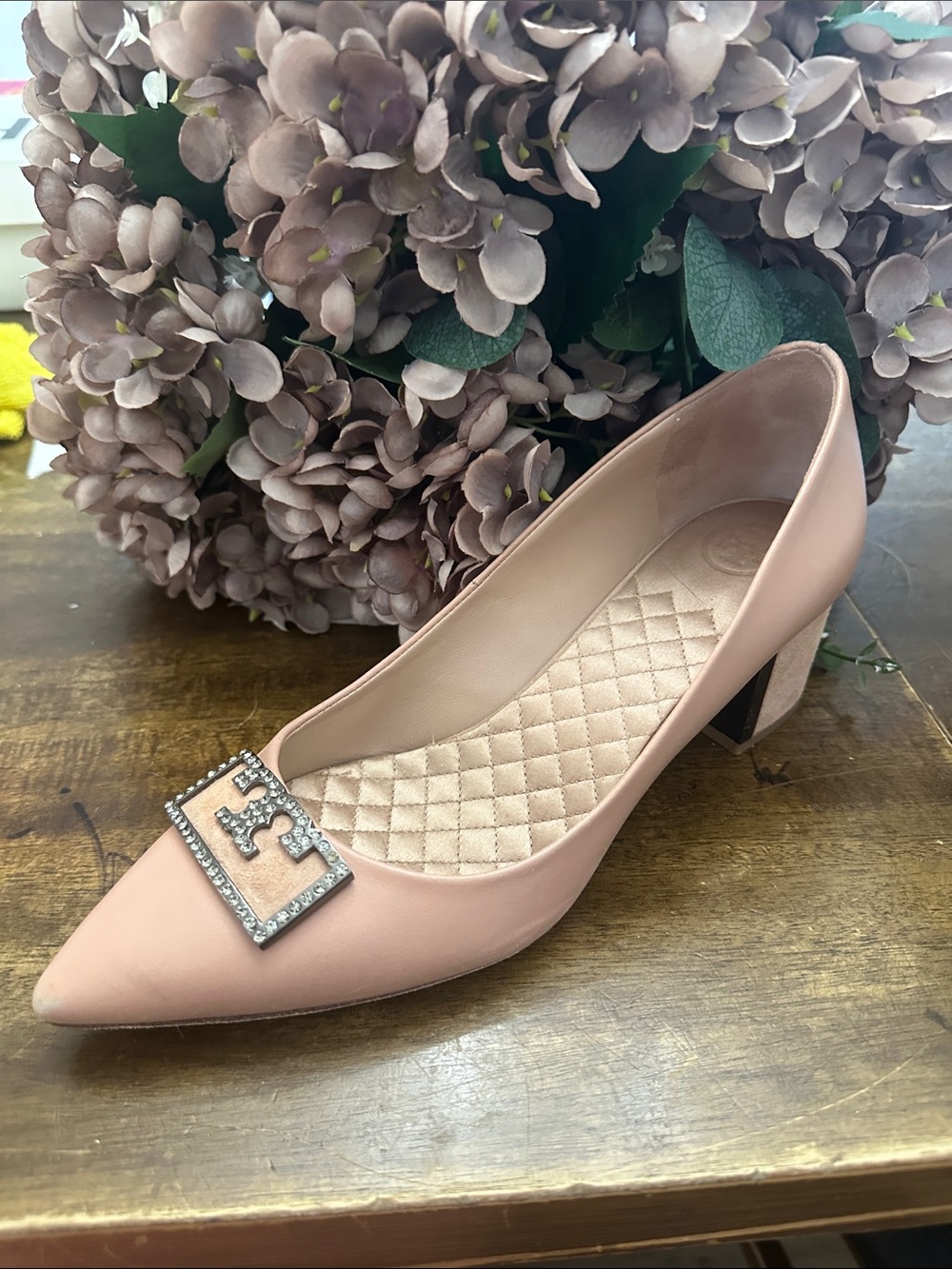 Tory Burch Pink Pointed Block Heel Pump with Crystal Logo Accent